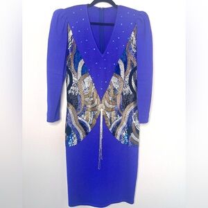 Vintage Royal Blue Dress With Glass Tube Beads embroidery sequins rhinestones